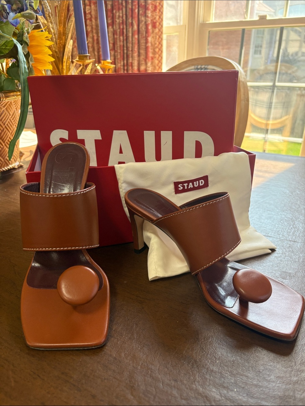 STAUD Brown Leather Toe-Loop Sandal Heels - Picture 1 of 5